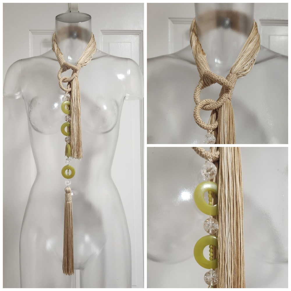 Beige Tassel Lariat Necklace with Lime Green Accents
